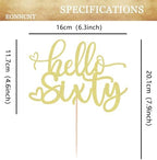 Hello Sixty Cake Topper - Gold Glitter 60th Birthday Cake Decorating Supplies for Women, Hello 60 Cake Decor for 60th Birthday/Anniversary Party Photo Booth Props