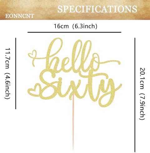 Hello Sixty Cake Topper - Gold Glitter 60th Birthday Cake Decorating Supplies for Women, Hello 60 Cake Decor for 60th Birthday/Anniversary Party Photo Booth Props