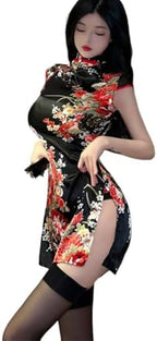 Women's cosplay sexy high slit cheongsam underwear lace mesh velvet Chinese dress