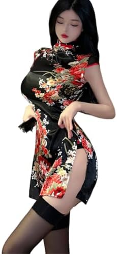 Women's cosplay sexy high slit cheongsam underwear lace mesh velvet Chinese dress