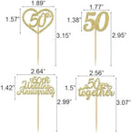 24Pcs 50th Wedding Anniversary Cupcake Toppers Gold Glitter 50th Golden Heart Cupcake Picks for Celebration 50 Golden Wedding Anniversary Party Supplies