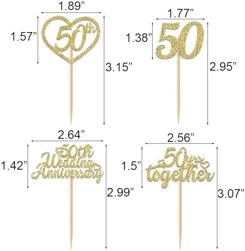 24Pcs 50th Wedding Anniversary Cupcake Toppers Gold Glitter 50th Golden Heart Cupcake Picks for Celebration 50 Golden Wedding Anniversary Party Supplies