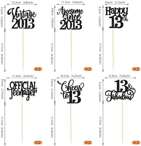 12 Pack Happy 13th Birthday Centerpiece Sticks Glitter Straight Outta 2013 Thirteen 13 Years Old Awesome Since 2013 Table Flower Centerpiece Sticks for 13 Fabulous Theme Party Supplies Black
