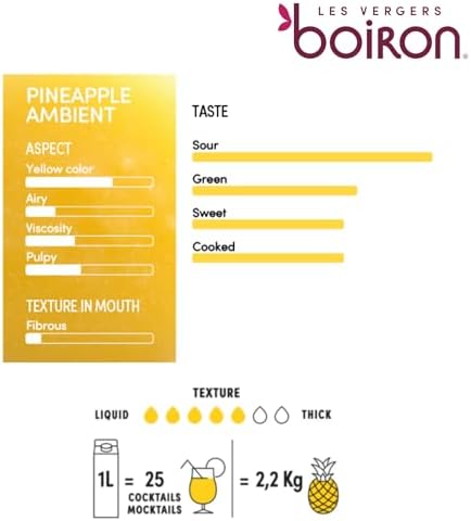 Les Vergers Boiron Pineapple Puree, Drink Mix, All Natural, No Added Sugar, Non-GMO, No Preservatives, No Added Flavors, Vegan, For Beverages & Cocktails, 33.8 Fl Oz (Pack of 1)