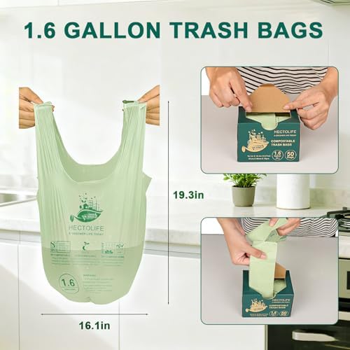 1.6 Gallon 100 Count,Compostable Bags Handle Tie,Tear Resistant Kitchen Food Scrap Waste Bag, ASTM D6400, US BPI and Europe OK Compost Home Certified