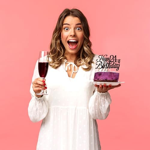 Black Glitter Happy 24th Birthday Cake Topper, Cheers to 24 Years/Level 24 Unlocked/24 Years Loved & Blessed, Funny 24th Birthday Party Decorations Supplies