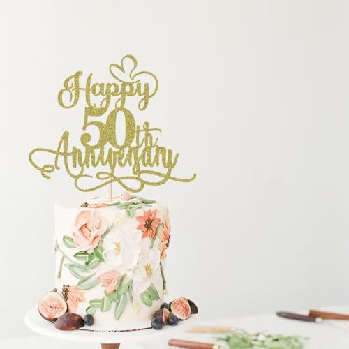 Gold Glitter Happy 50th Anniversary Cake Toppers- 50 Wedding Anniversary Party Decoration Ideas,Birthday Cake Decorations,50th Anniversary Party/Birthday Party Decorations