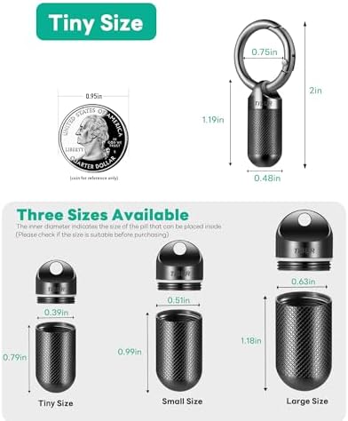 TISUR Small Pill Keychain Container, Mini Portable Titanium Keychain Pill Holder, Pocket Travel Bottle Metal Purse Box Case Black (Tiny Black-0.39inch)