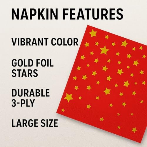 Red Cocktail Napkins with Gold Stars – 50 Pack | 2-Ply Party Paper Napkins for Christmas, Birthdays, Weddings & Holiday Celebrations