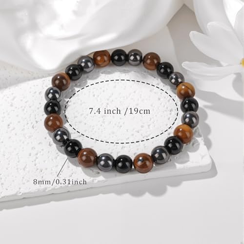 Healing Crystal Triple Protection Bracelet 8mm Crystal Beaded Bracelet for Women Men Natural Stones of Tiger Eye, Hematite, Black Obsidian Handmade Gemstone Reiki Spiritual Jewelry Gifts