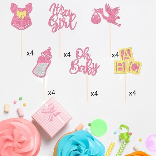 24pcs It's a Girl Cupcake Toppers, Glitter Baby Bottle & Bow Dress Decorations for Baby Shower, Gender Reveal, Kids Girls Birthday Party
