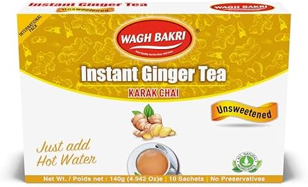 Wagh Bakri Instant Ginger Tea, Unsweetened, No Added Sugar, 140grams, 10 Sachets [International Pack]