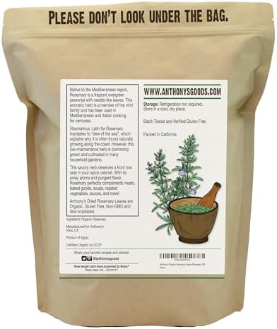 Anthony's Organic Dried Rosemary Leaves, 1 lb, Whole Leaf, Destemmed, Non GMO, Non Irradiated, Gluten Free