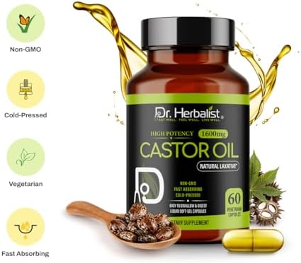 Dr. HERBALIST Castor Oil Capsules 1600mg - Cold Pressed Ricinus Communis Softgels | Supports Digestive Wellness & Hair Skin Vitality* | Halal, Non-GMO, Vegan | 60ct