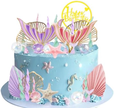 Mermaid Cake Topper Big Mermaid Tails Seaweed Bubbles Shells and Golden Ginkgo Leaves Cake Set for Mermaid Under the sea Cake Decor
