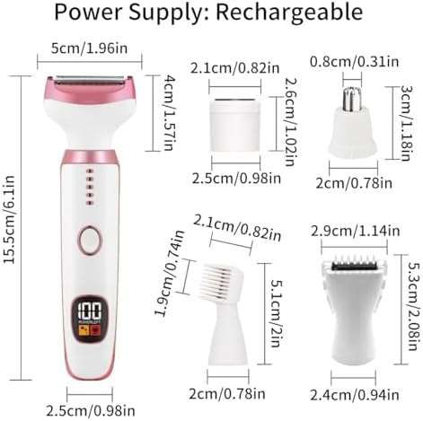 Electric Razors for Women, Bikini Trimmer for Women 5 in 1 Body Shaver for Nose Hair Face Eyebrow Arms Legs Armpit Underarm Pubic Area, Replaceable Lady Facial Razor Painless USB Charge Female Gift