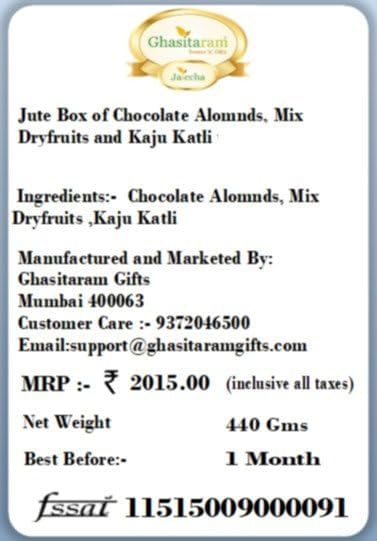 Ghasitaram Gifts Rakhi Gifts for Brothers Jute Box of Chocolate Alomnds, Mix Dryfruits and Kaju Katli with 2 Pearl Rakhis