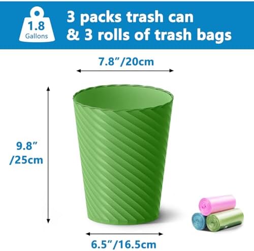 Lysam Bathroom Trash Can, 3 Pack 1.8 Gallons Small Trash Can with Trash Bags, Bathroom Garbage Can, Plastic Trash Bin, Round Waste Basket for Bedroom, Office, Compact Space (Pink Purple Green)