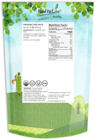 Food to Live Organic Red Rice, 1 Pound – Non-GMO, Whole Grain Variety, Non-Sticky, Vegan, Kosher. Source of Protein. Rich in Antioxidants. Great as Side Dish. Perfect for Pilafs, Stir-Fries
