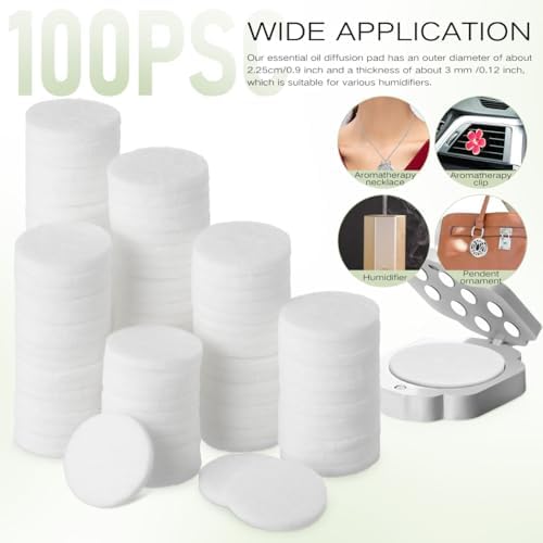GLEAVI Essential Oil Diffuser Pads, 100 Pack 0.9 Inch White Refill Pads for Aroma Necklace and Car Vent Clip, Absorbent Replacement Inserts for Home Fragrance, 22mm-23mm