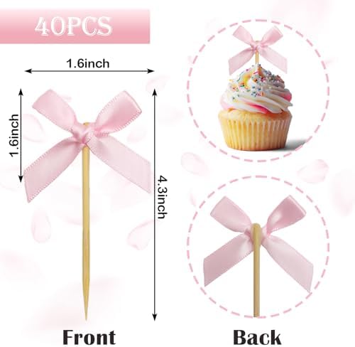 40Pcs Pink Bow Cupcake Toppers,Bow Cake Toppers for Pink Themed Birthday Party Decorations,Baby Shower and Wedding