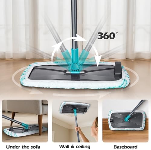 MASTERTOP Microfiber Flat Mop, Extra Large Surface Dust Mop with 5 Wet & Dry Reusable Pads, Hardwood Mops with Telescopic Handle for Laminate, Tile, Vinyl Floor Cleaning, 1 Cleaning Scraper
