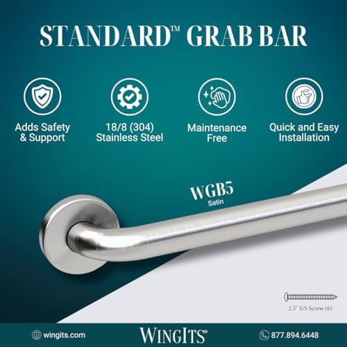 WingIts WGB5SS24 STANDARD Grab Bar, Concealed Mount, Satin Stainless Steel, 24-Inch Length by 1.25-Inch Diameter