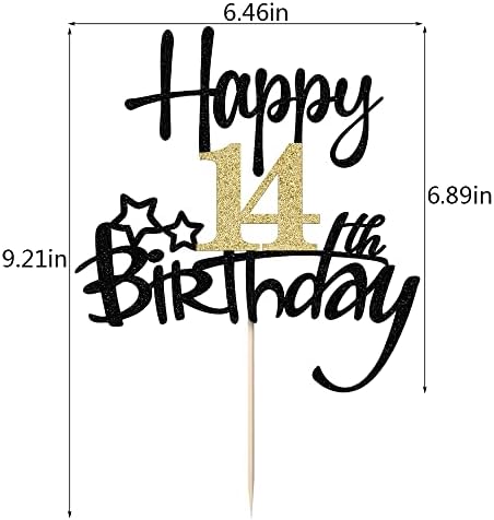 Kaoenla Black Gold Glitter Happy 14th Birthday Cake Topper - Hello 14/Cheers14，Happy fourteen Birthday Anniversary,14 years old birthday，14 & Fabulous Cake Topper Party Decor (14th)