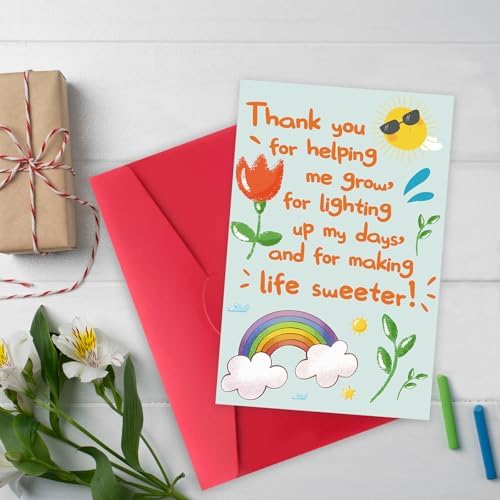 Cute Thank You Card for Teacher, Funny Teacher Appreciation Card Gifts for Men Women, Thank You for Helping Me Grow, Teachers Appreciation Gifts Cards from School Kids Students with Envelopes