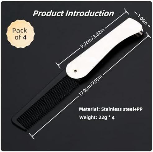 4 Pcs Folding Pocket Combs for Men - Stainless Steel Fine Tooth Hair Beard Combs for Styling Hair, Beard or Mustache Care, Compact Design for Travel & Everyday Grooming (Silver)