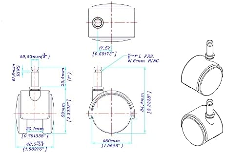 2" Wheel Diameter | Black Nylon Swivel Hooded Samson Twin Wheel Caster | 3/8" x 1" Friction Ring Stem | Installed mounting Height: 2-5/16''| 4 Pack