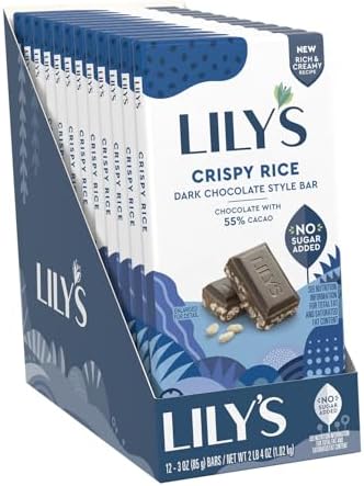 LILY'S Crispy Rice Dark Chocolate Style No Sugar Added, Sweets Bars, 3 oz (12 Count)