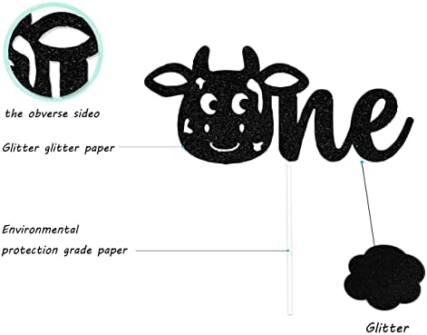 Cow One Cake Topper - Holy Cow I'm One Cake Topper - Cow 1st Birthday Party Decorations Black Glitter
