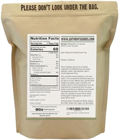 Anthony's Organic Brown Whole Flaxseed, 2 lb, Batch Tested and Gluten Free, Raw, Non GMO, Sproutable, Keto Friendly