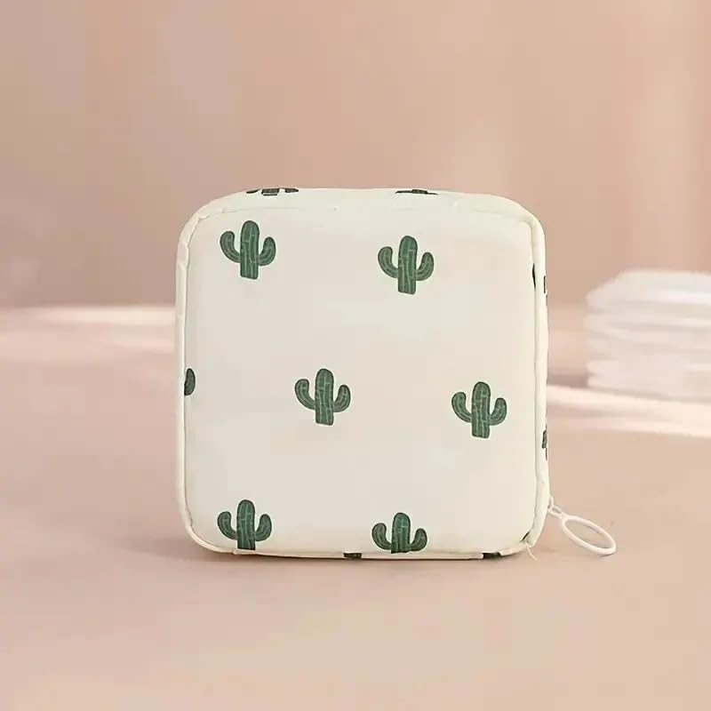 Women Sanitary Napkin Tampon Storage Bag Portable Waterproof Organizer Pouch Cartoon Pattern Sanitary Napkin Bag (Cactus)