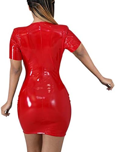 RINTONIX Women's Sexy Deep V Neck Faux Leather Club Dress Long Sleeve Wet Look Bodycon Party Dress Zip Up Clubwear Dress