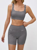 Aoysky Womens Workout Gingham 2 Piece Outfits Padded Open Back Crop Tank High Waist Sports Shorts Sets Yoga Matching Sets
