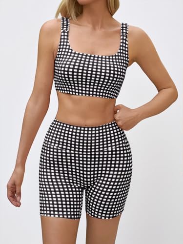 Aoysky Womens Workout Gingham 2 Piece Outfits Padded Open Back Crop Tank High Waist Sports Shorts Sets Yoga Matching Sets
