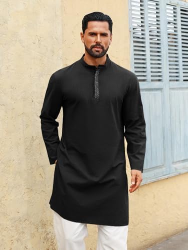Runcati Mens Kaftan Thobe Long Sleeve Casual Henley Shirts Button Down Kurta Cotton Linen Muslim Gown Robe