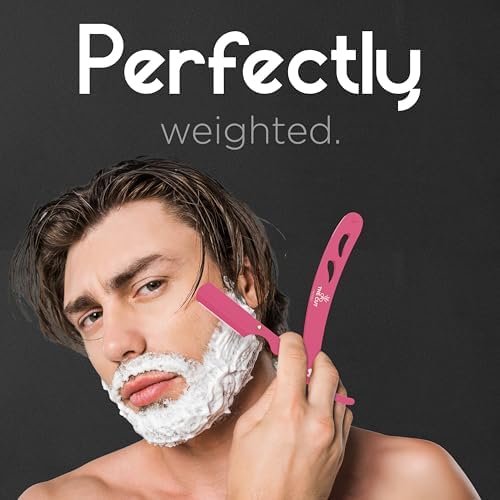 The Cut- Factory- Straight Razor with 20 Pack Platinum Treat Single Blade Razors for Men- Professional Barber Straight Edge Razor for Close Shaving 100 Percent Stainless Steel, Pink
