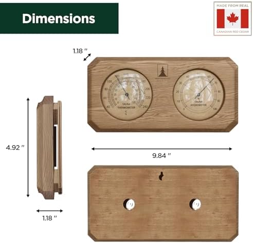 Northwood Sauna - Sauna Thermometer and Hygrometer 2 in 1 - Fahrenheit & Celsius - Handmade from Canadian Red Cedar Wood - Luxurious Golden Metal Dials