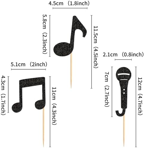 Ercadio 24Pcs Music Notes Cupcake Toppers Black Glitter Musical Symbol Microphone Cupcake Picks for Music Baby Shower Singer Birthday KTV Concert Party Cake Decorations Supplies
