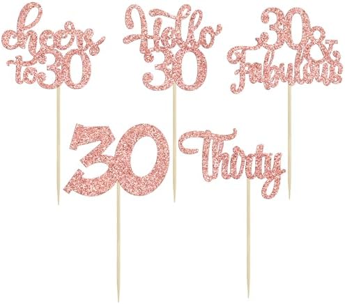 30Pcs Happy 30th Birthday Cupcake Toppers Rose Gold Glitter Thirty Cheers to 30 Birthday Cupcake Picks for Happy 30th Birthday Anniversary Party Cake Decorations Supplies