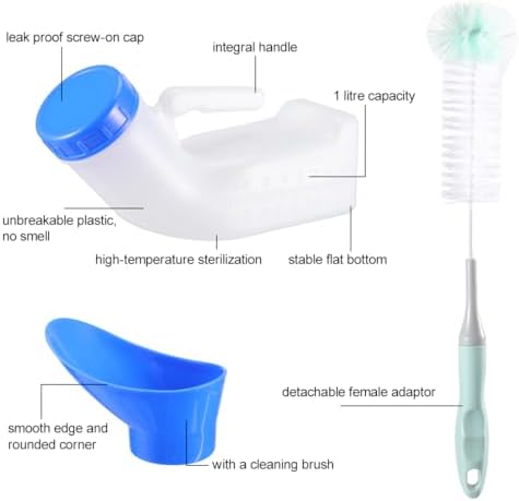 Urinals for Men and Women 2 Pack Urinal Bottles Spill Proof Urine Bottle with Screw-on Lid, Pee Funnel and a Brush for Car Travel Hospital Elderly 1000ML