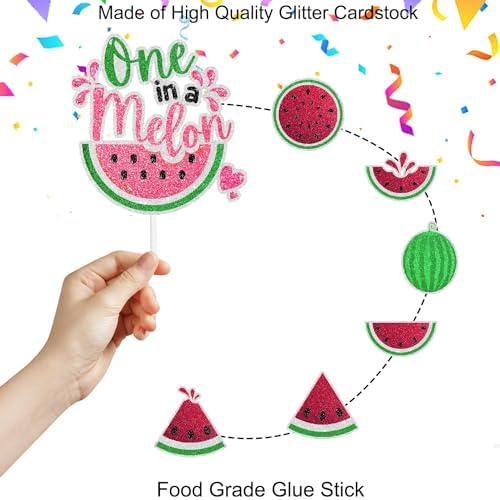 Fruity Watermelon Cake Toppers Set of 7 "One in a Melon" Happy Birthday Melon Decoration, Watermelon Themed Birthday Party for Boys or Girls, Baby Shower Party, or Fruit Party Decorations. SugarGera