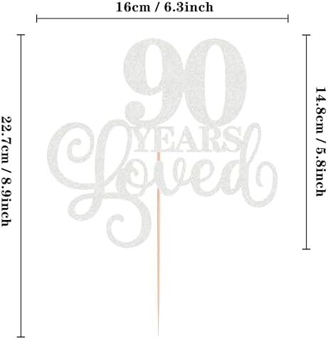 90 Years Loved Cake Topper - Silver Glitter 90th Birthday & Anniversary Cake Decoration for Women Men Party Supplies, Photo Booth Props