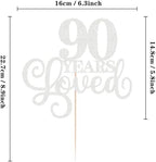 90 Years Loved Cake Topper - Silver Glitter 90th Birthday & Anniversary Cake Decoration for Women Men Party Supplies, Photo Booth Props