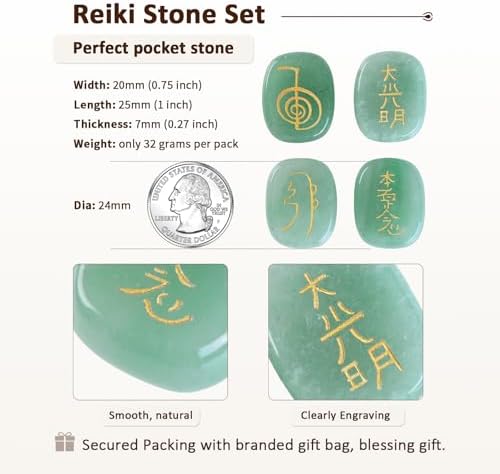 Amogeeli Aventurine Chakra Symbol Engraved Crystal Energy Pocket Stone Healing Reiki Stone Set of 4