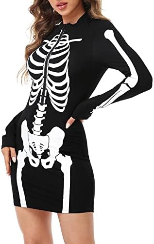 HDE Women's Skeleton Dress Spooky Long Sleeve Bones Mini Dress Halloween Party Costume Fitted Stretchy Bodycon with Half Zip