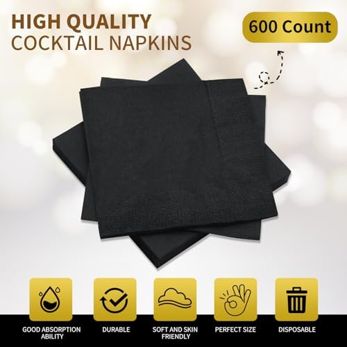 Cocktail Napkins - 600 Count 2-Ply Black Napkins Disposable, 4.75 x 4.75 Inch Folded Paper Napkins Bulk Beverage Napkins for Dinner Wedding Bar Party and Everyday Use